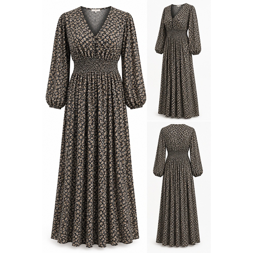 Gap Floral Maxi Dress XXL Brown Rayon Smocked Waist Long Sleeve Pockets Boho